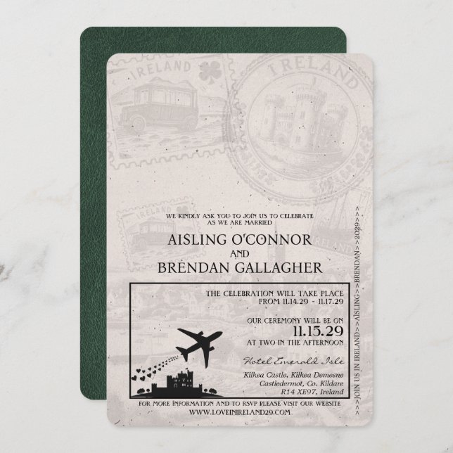 Green Ireland Passport Wedding Invitation (Front/Back)