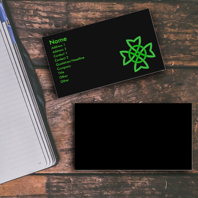 Green Irish Celtic Knot Business Card (Bright green Irish Celtic knot on black on business cards.)