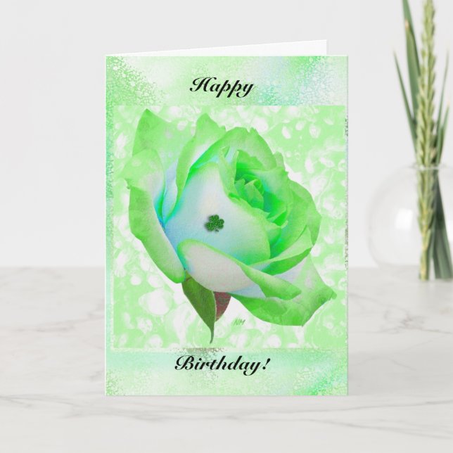 Green Irish rose and Birthday! Card (Front)