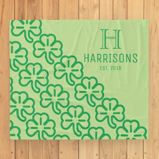 Green Irish Shamrock Personalised Family Name Fleece Blanket (Creator Uploaded)
