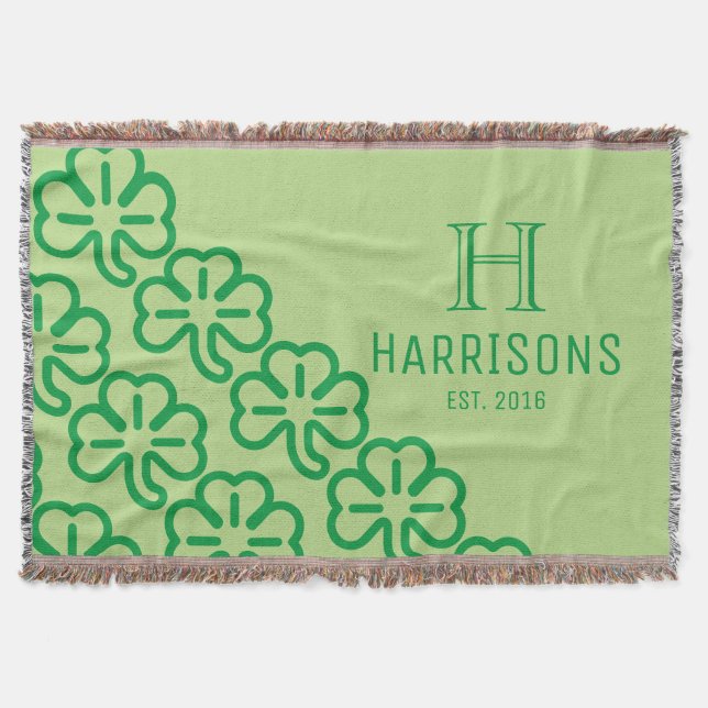 Green Irish Shamrock Personalised Family Name Throw Blanket (Front)