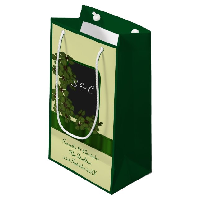 Green Irish shamrock personalised wedding Small Gift Bag (Front Angled)