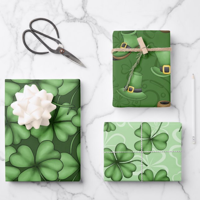 GREEN IRISH SHAMROCKS PIPES TOP HATS WRAPPING PAPER SHEET (Front)