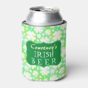 Green Irish Shamrocks St Patricks Watercolor Beer Can Cooler