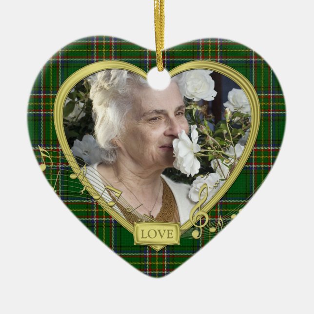 Green Irish Tartan Memorial Heart Photo Christmas Ceramic Tree Decoration (Front)