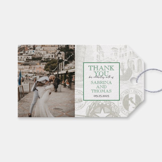 Green Italy Wedding Photo Gift Tags (Front (Horizontal))