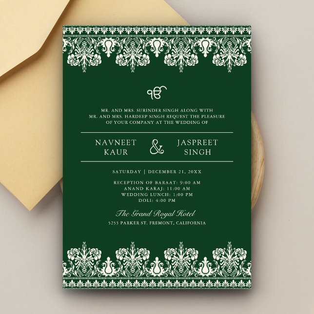 Green Ivory Damask Border Anand Karaj Sikh Wedding Invitation (Creator Uploaded)