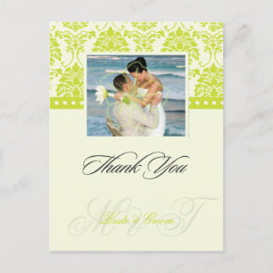 Green + Ivory Damask Thank You Photo postcards, Postcard