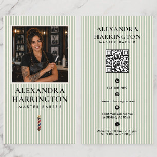 Green Ivory Female Master Barber Photo Qr Code Business Card