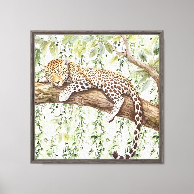 Green Ivy Abstract Jungle Leopard in tree Canvas Print (Front)