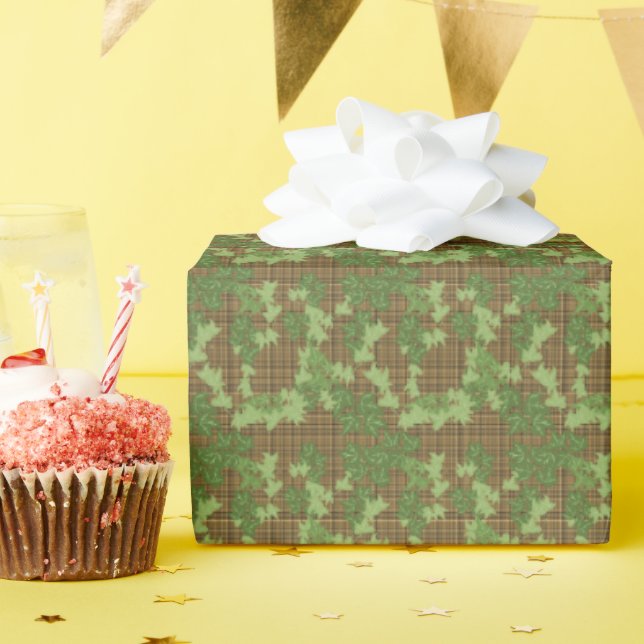 Green Ivy Brown Gold Plaid  Wrapping Paper (Birthday Party)