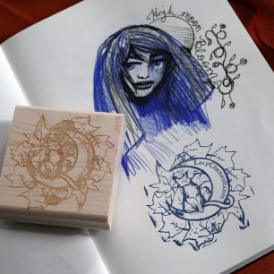 Green Ivy Cat Moon Child Art Luna Cats             Rubber Stamp