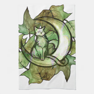 Green Ivy Cat Moon Child Art Luna Cats             Tea Towel