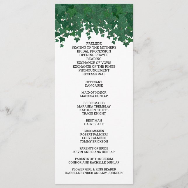 Green Ivy Garden Wedding Programme (Front)