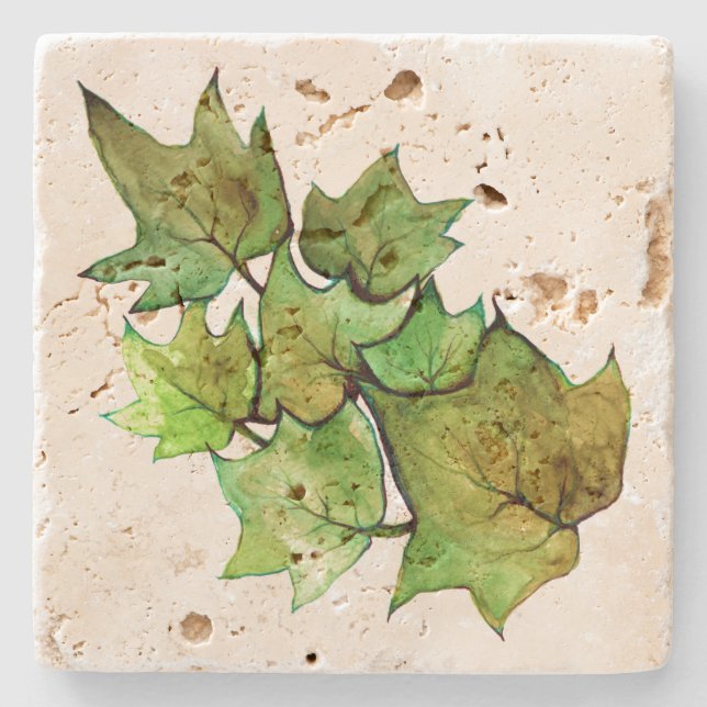 Green Ivy Nature Watercolor Stone Coaster (Front)