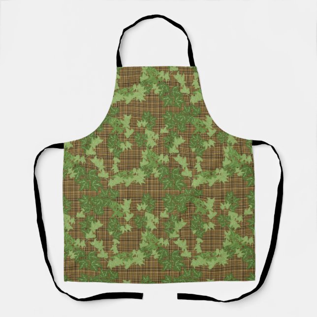 Green ivy on gold black brown plaid apron (Front)