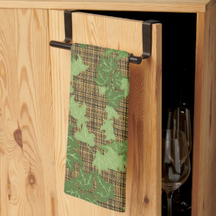 Green ivy on gold black brown plaid tea towel