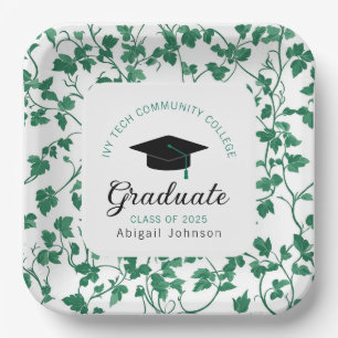 Green Ivy Pattern Personalized Graduation Paper Plate