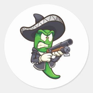 green jalapeno pepper with a mariachi outfit and a classic round sticker