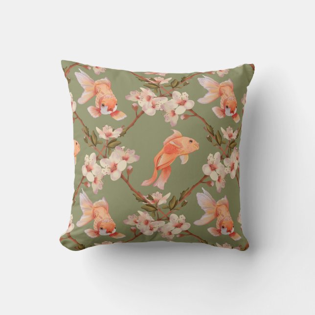 Green Japanese Goldfish Koi Watercolor Pattern Cushion (Front)