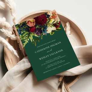 Green Jewel Tone Moody Floral Burgundy Wedding  Invitation
