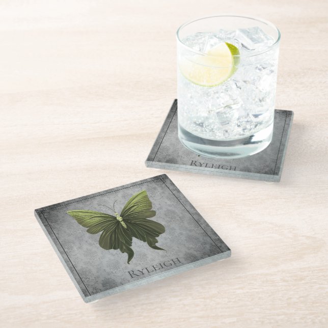 Green Jewelled Butterfly Glass Coaster (Angled)