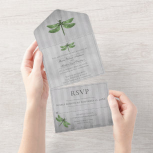 Green Jewelled Dragonfly Wedding All In One Invitation