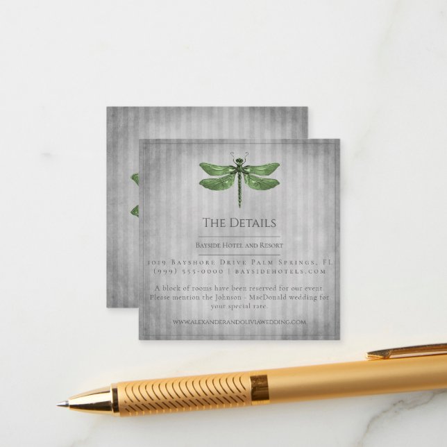 Green Jewelled Dragonfly Wedding Enclosure Card (Front/Back In Situ)