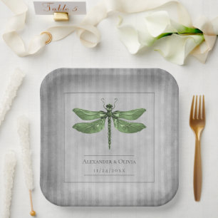 Green Jewelled Dragonfly Wedding Paper Plate