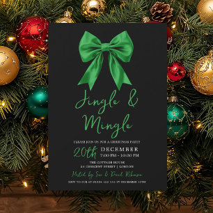 Green Jingle & Mingle Christmas Party Bow Black  Invitation