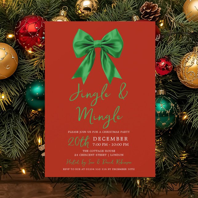 Green Jingle & Mingle Christmas Party Bow Red  Invitation (Green Jingle & Mingle Christmas Party Bow Red Invitation)