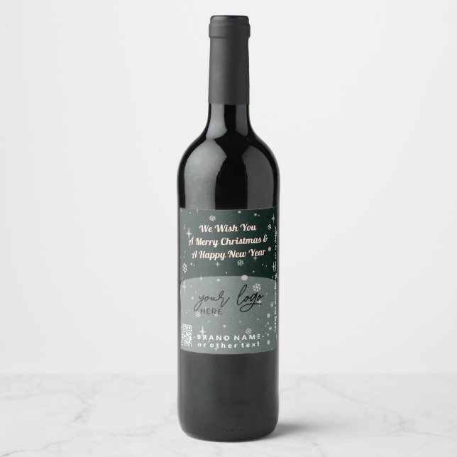 Green Jolly Christmas Business Logo QR code Chic Wine Label (Front)