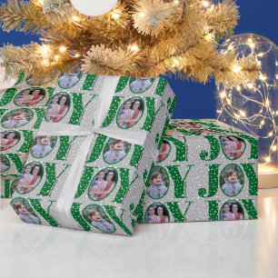 Green JOY and snowflakes two photo Christmas Wrapping Paper