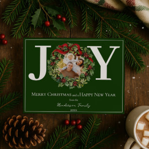 Green Joy Christmas Wreath Photo Holiday Card