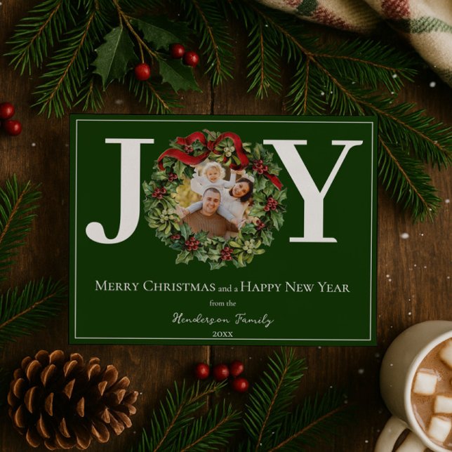 Green Joy Christmas Wreath Photo Holiday Card (Green Joy Christmas Wreath Photo Holiday Card)