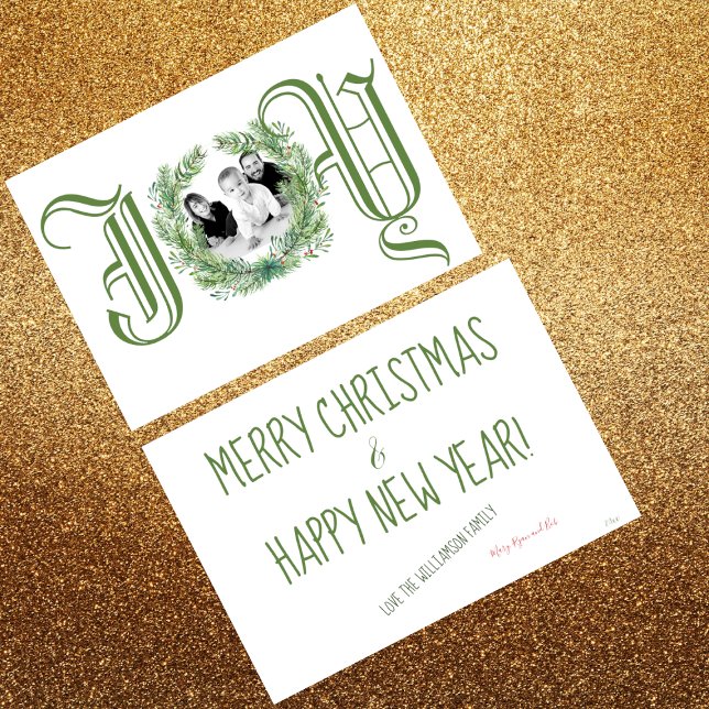 Green 'JOY' In Ancient Font, Family Photo  Holiday Card (Creator Uploaded)