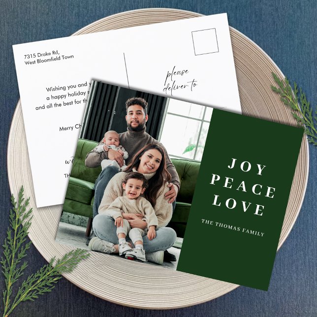 Green Joy Peace Love Minimal Christmas Family Name Holiday Postcard (Creator Uploaded)