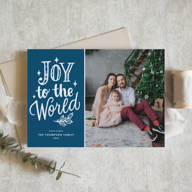 Green Joy To The World Christmas Carol Photo Holid Holiday Card (Celebrate the season with this customizable blue "Joy to the World" photo Christmas card.)