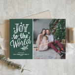 Green Joy To The World Christmas Carol Photo Holiday Card<br><div class="desc">Joy to the world,  the Lord has come! Customisable religious Christmas photo flat card featuring hand lettering,  sparkles on a green background. Personalise by adding names,  photos,  addresses and messages. Send Christmas wishes and greetings to family and friends with this modern calligraphy Christmas flat card.</div>