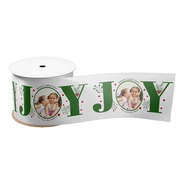 Green Joy with berries Christmas photo Satin Ribbon (Spool)
