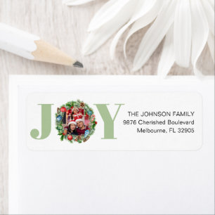 Green JOY Wreath Christmas Photo Address Label
