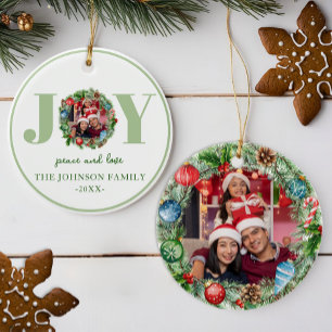 Green JOY Wreath Christmas Photo Ornament