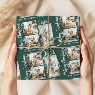 Green Joyful Merry Christmas Script Photo Collage Wrapping Paper