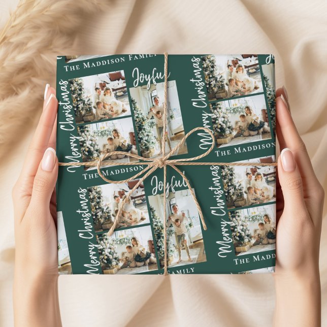 Green Joyful Merry Christmas Script Photo Collage Wrapping Paper (Creator Uploaded)
