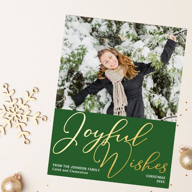 Green Joyful Wishes Christmas Photo Chic Gold Foil Holiday Postcard (Creator Uploaded)