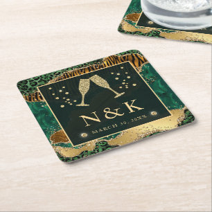 Green Jungle Animal Print Glitter Agate Wedding Square Paper Coaster