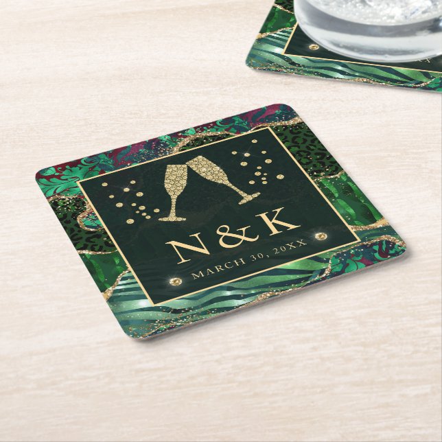 Green Jungle Animal Print Glitter Agate Wedding Square Paper Coaster (Angled)