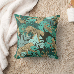 Green Jungle Leopard and Tropical Monstera Leaves Cushion