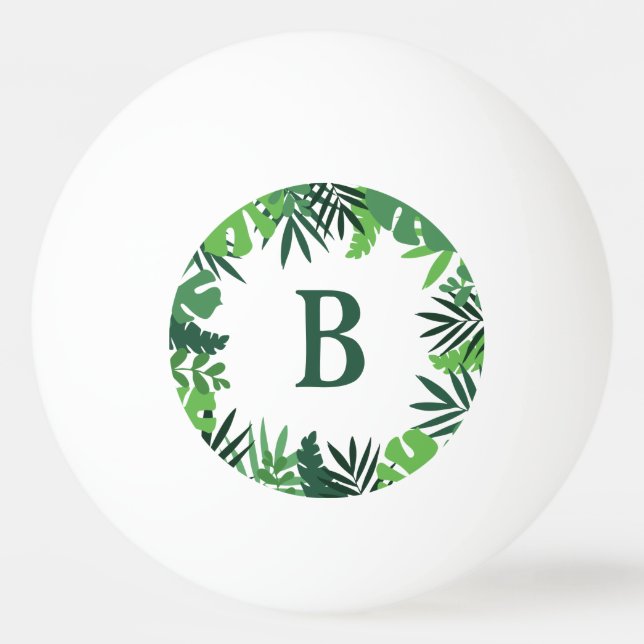 Green jungle palm leaves floral monogram letter ping pong ball (Front)