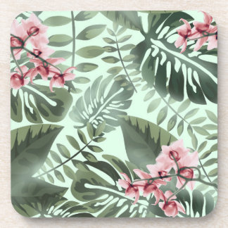 Green Jungle Print and Orchids Plastic Coaster Set